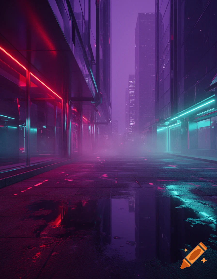 A cyberpunk city street at night with neon red and cyan lights reflecting on wet pavement between tall buildings.