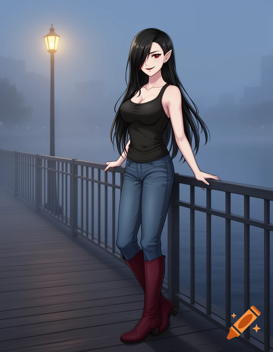 An anime vampire girl with long black hair, red eyes, fangs, black tank top, blue jeans, and red boots stands smiling on a foggy wooden path by a railing, under a street lamp.