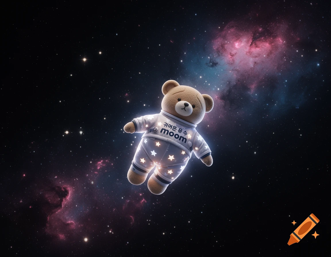A cute teddy bear in an astronaut suit floats in a dark starry space with pink and blue nebulas.