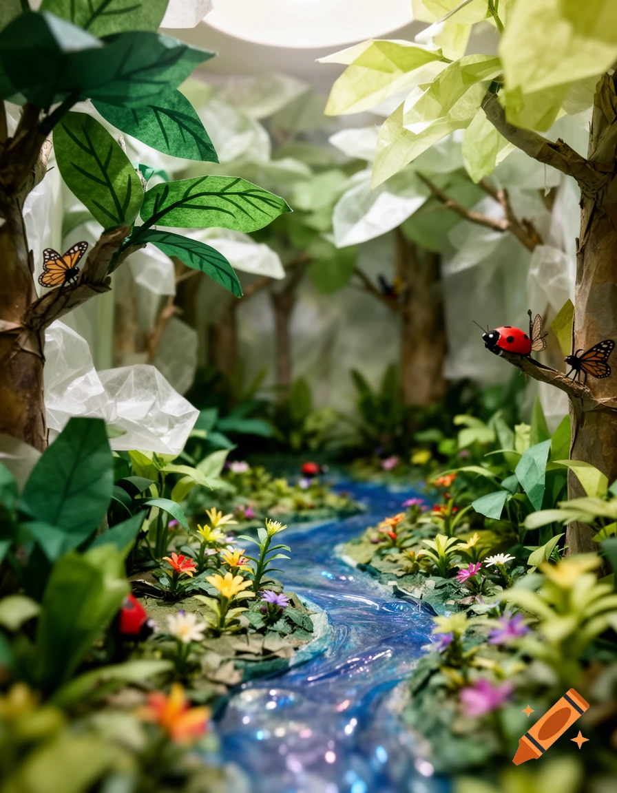 A vibrant paper mache diorama depicts a lush forest with a sparkling river, colorful flowers, butterflies, and ladybugs.