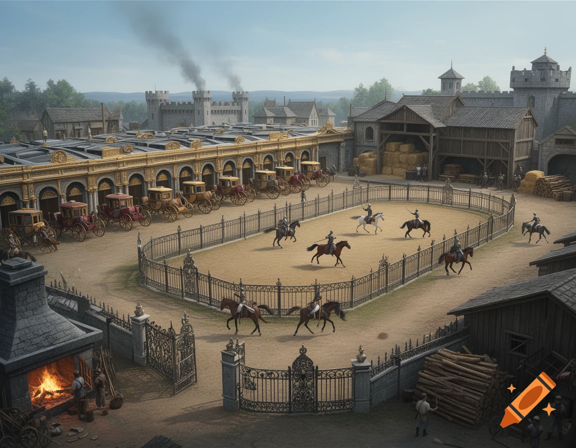 A detailed, photorealistic view of a bustling medieval castle courtyard with a horse training arena, royal stables, and carriage houses.