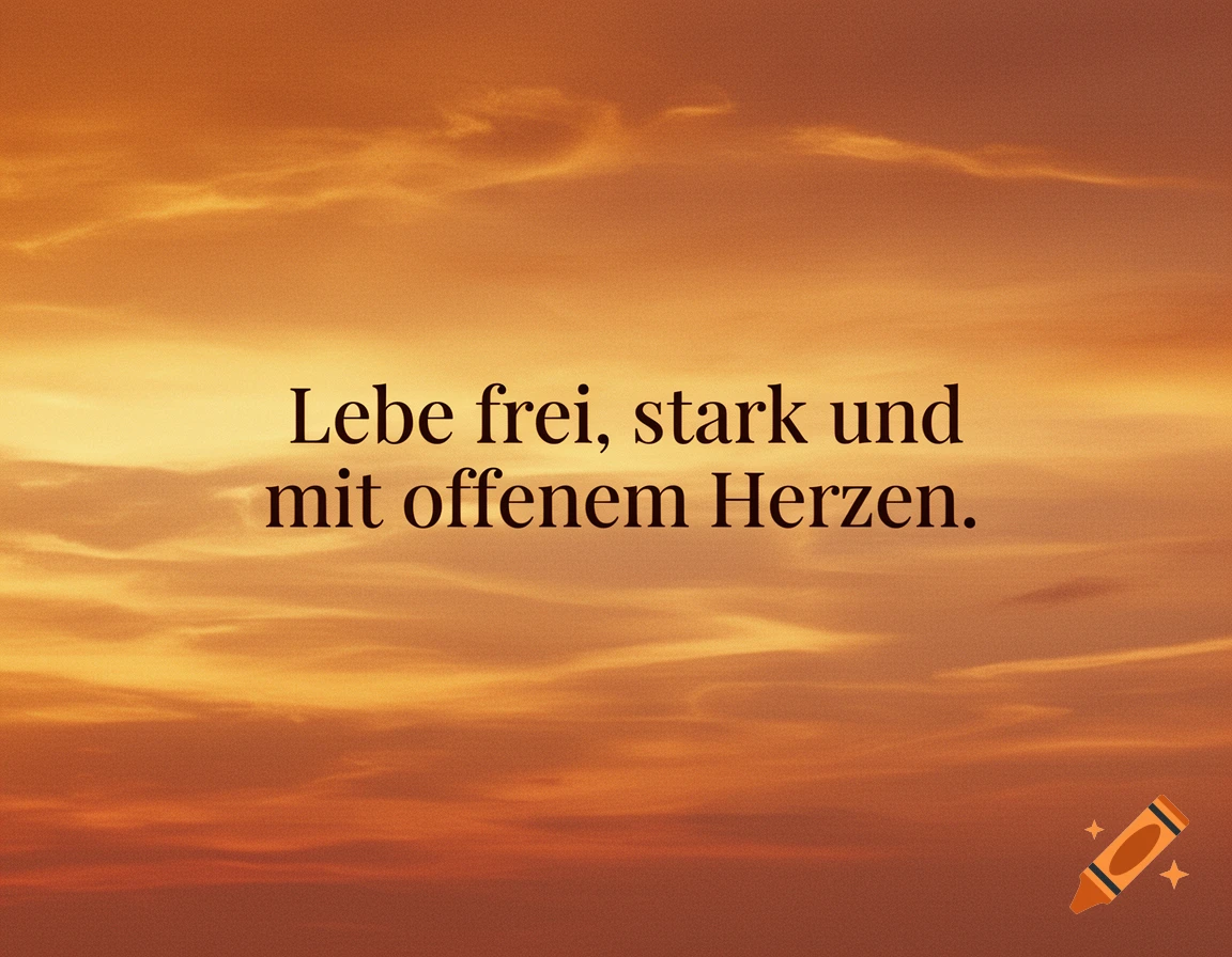 German motivational quote 'Lebe frei, stark und mit offenem Herzen' (Live free, strong, and with an open heart) against an orange sunset sky.