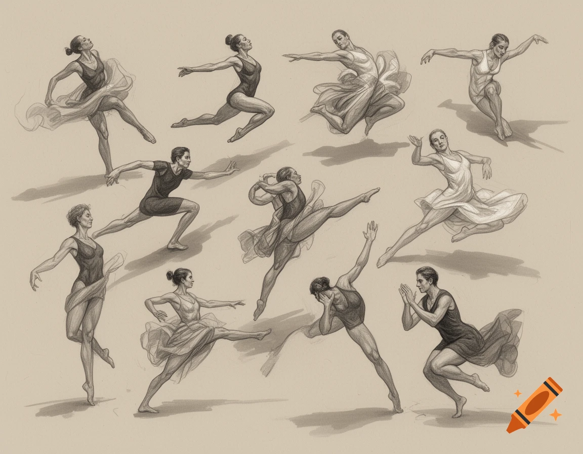 A monochromatic pencil drawing of multiple dancers in various dynamic poses against a light background.