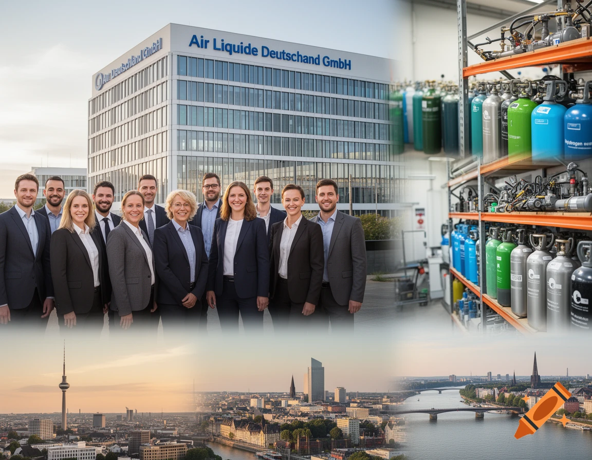 Collage featuring business professionals, a corporate building, industrial gas cylinders, and a cityscape representing Air Liquide Deutschland.