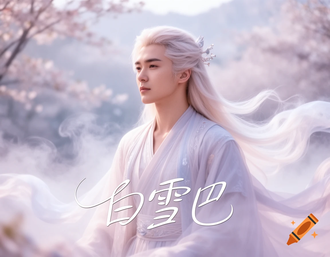 A young man with long white hair and a flowing white traditional robe stands among soft pink cherry blossoms and mist.
