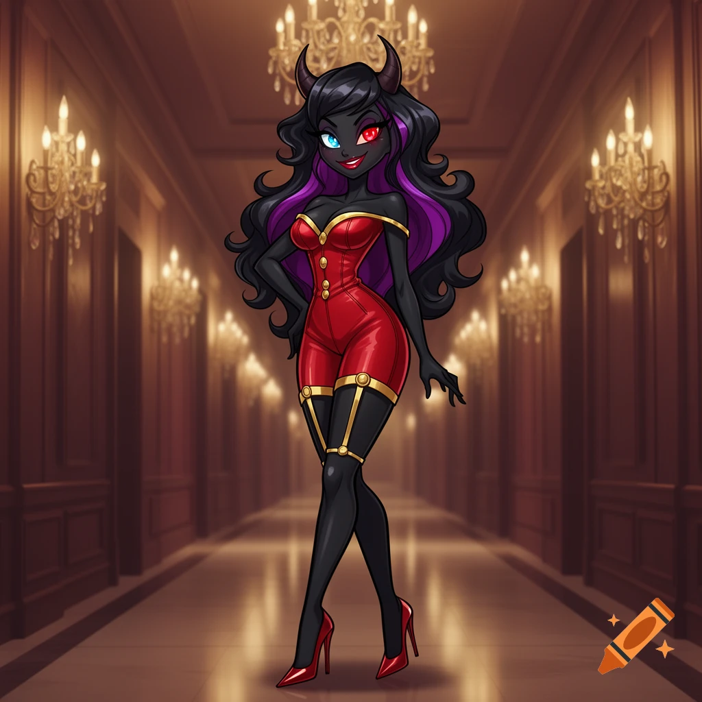 A stylized dark-skinned demoness with horns, red and blue eyes, wearing a red bodysuit and black stockings, stands in an elegant hallway.