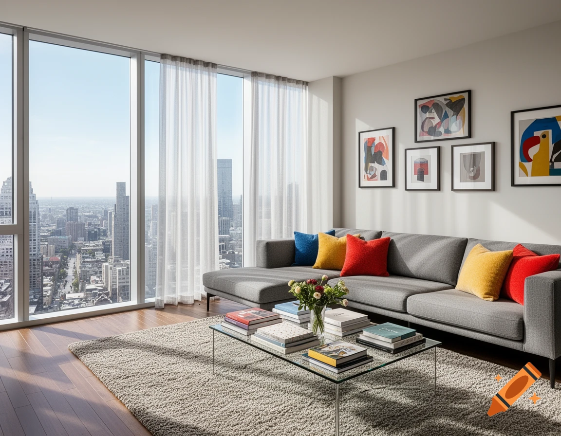 A modern living room with a gray sectional sofa, colorful pillows, a glass coffee table, and large windows overlooking a city.
