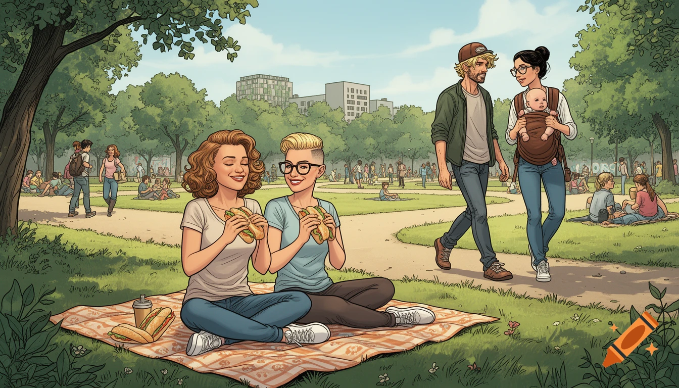 Two women picnic in a lively comic-style park, while a couple with a baby walks by in the background.