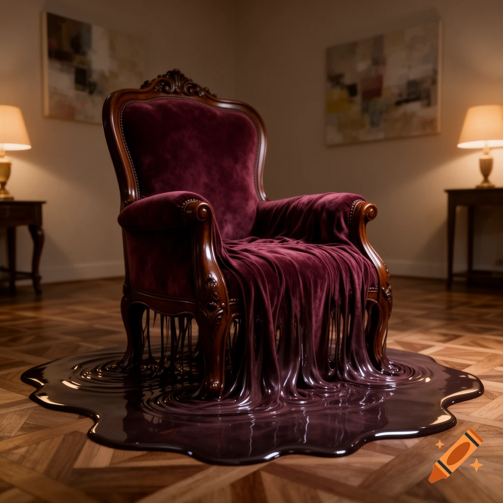 A surreal, photorealistic image of a dark red antique armchair melting into a glossy puddle on a wooden parquet floor.