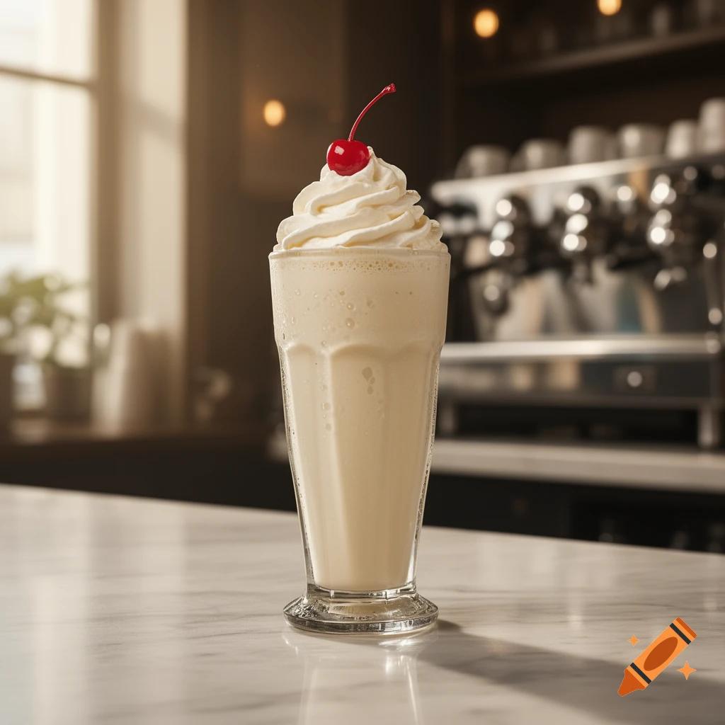 A photorealistic vanilla milkshake with whipped cream and a red cherry on top, on a marble counter in a cafe.