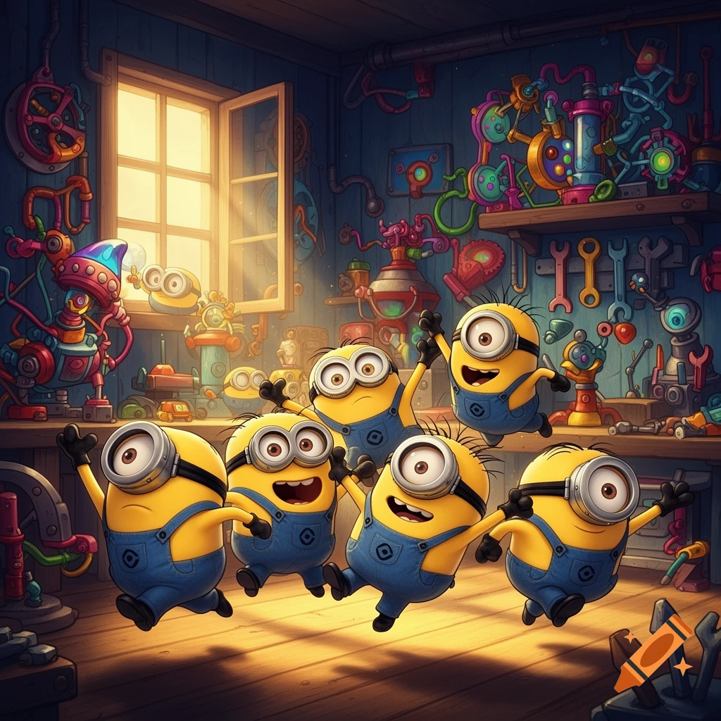 Six cartoon Minions in blue overalls dance happily in a brightly lit, cluttered workshop filled with colorful inventions.