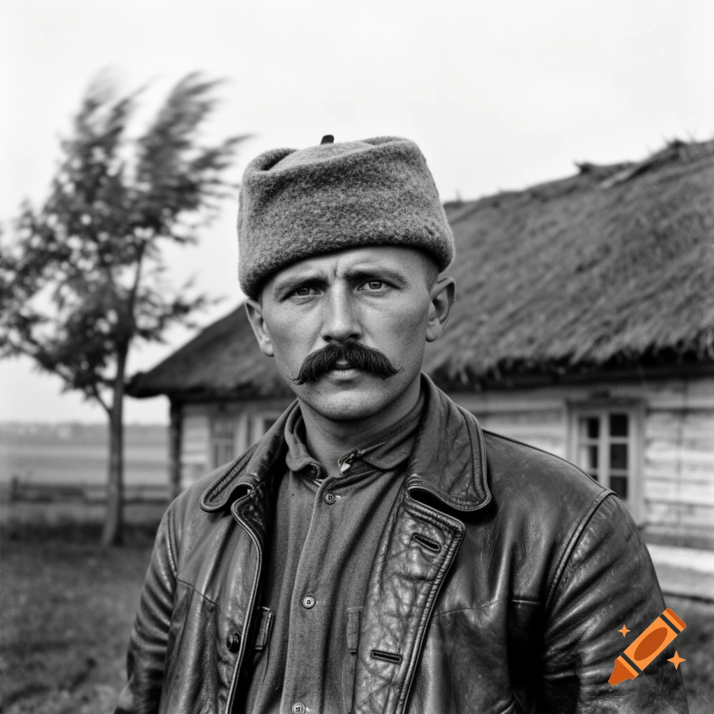 A black and white portrait of a man with a large mustache and a round hat, wearing a leather jacket, outdoors.
