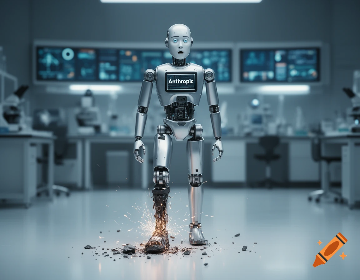 A silver humanoid robot with a damaged leg and sparks stands in a futuristic lab, 'Anthropic' on its chest.