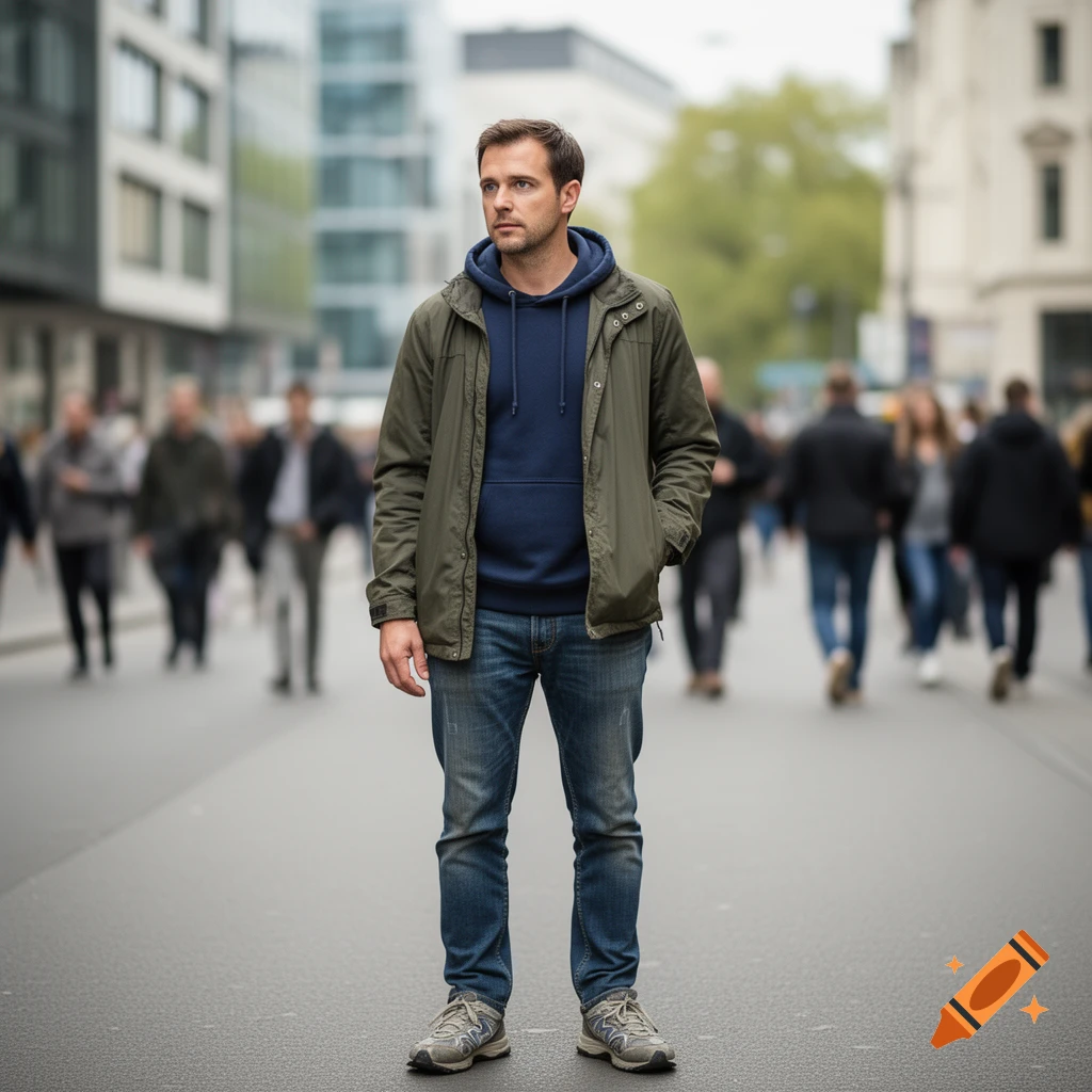 A man in a green jacket and blue hoodie stands in the middle of a city street with blurred people and buildings in the background.