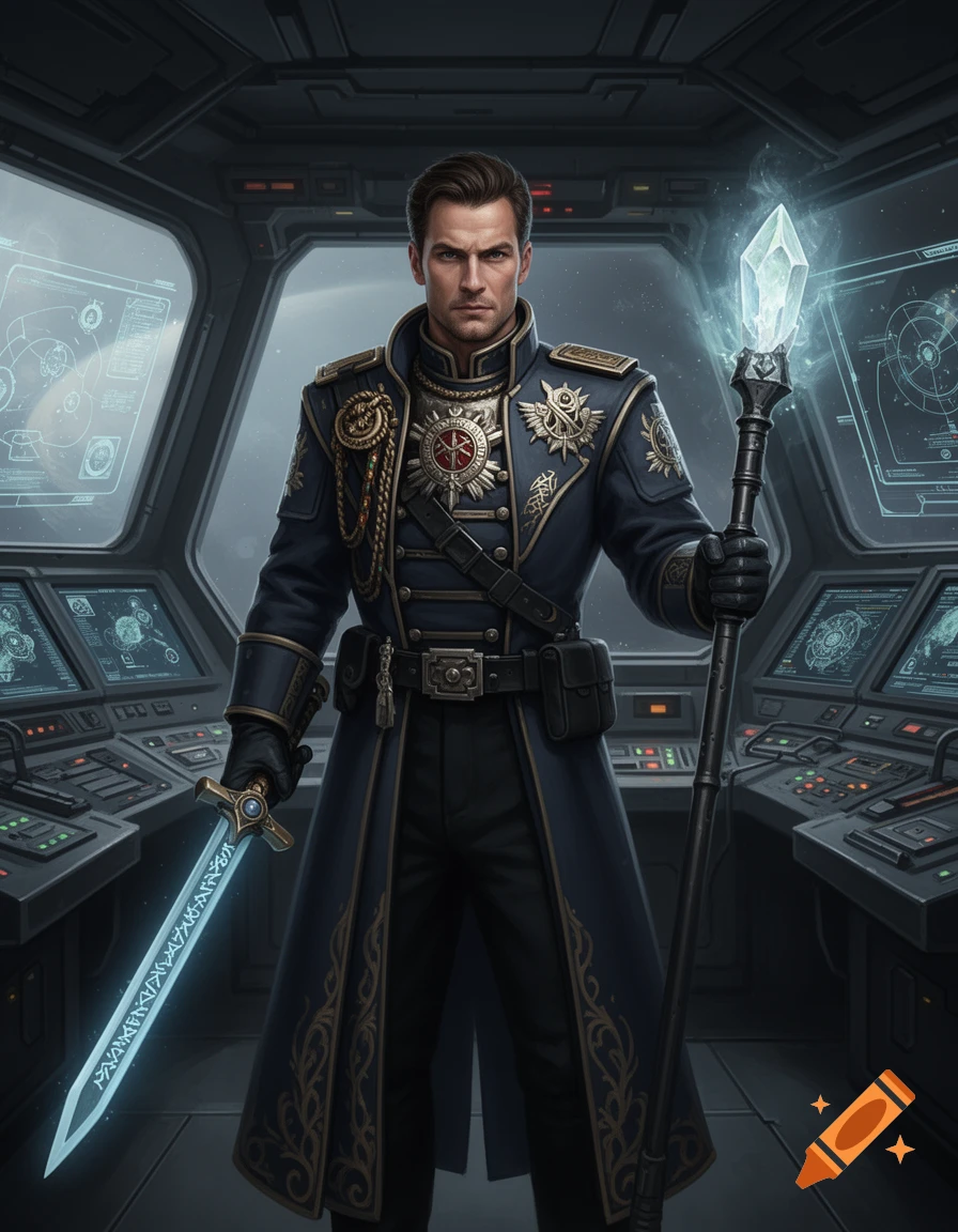 A charismatic man in a detailed sci-fi military uniform holds a glowing runic sword and a crystal-topped staff on a spaceship bridge.