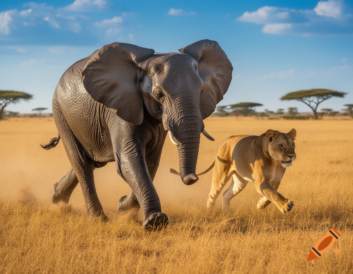 An African elephant and a lioness run side by side through a dusty golden savanna under a blue sky with acacia trees.