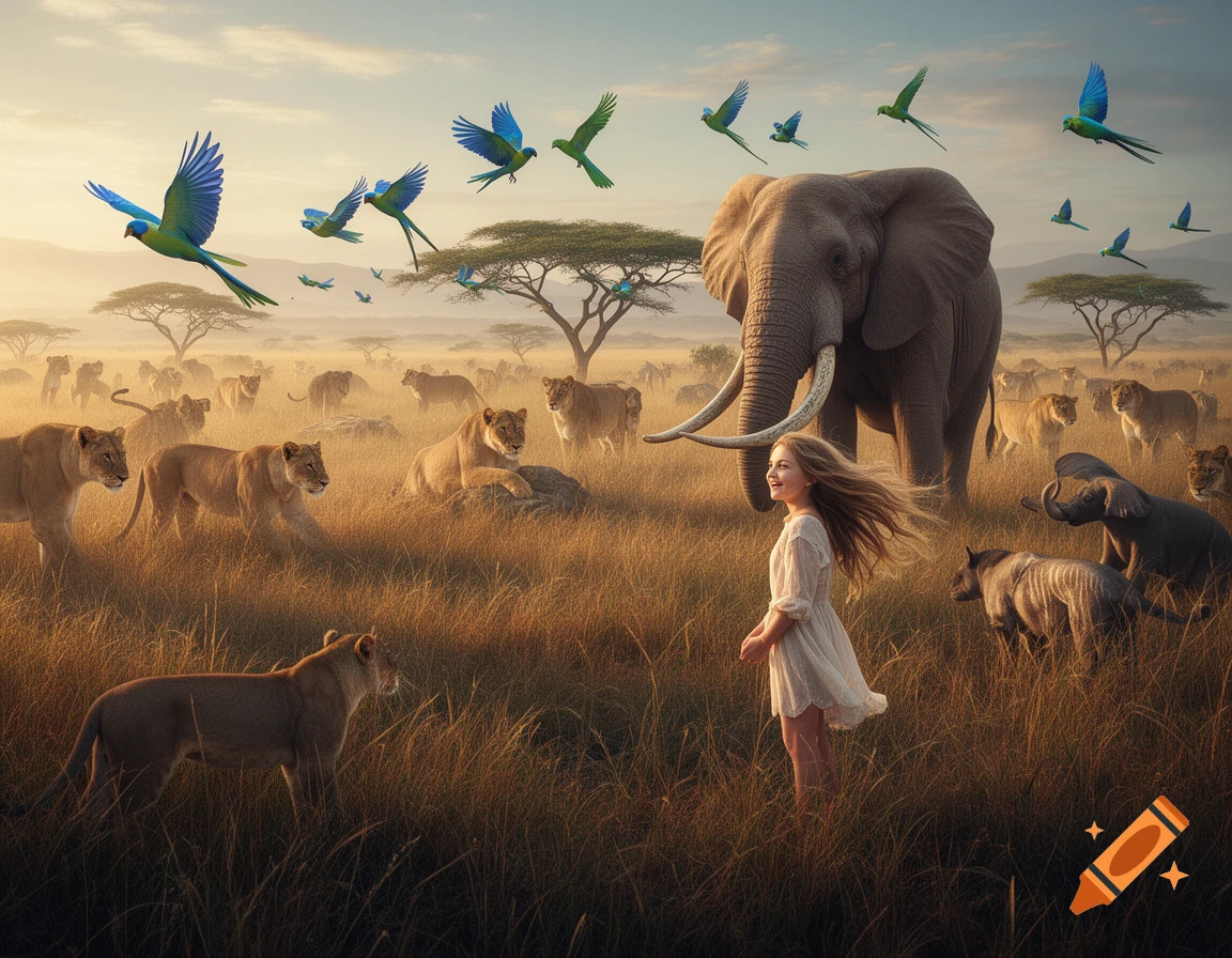 A young girl in a white dress stands among elephants, lions, and flying parrots in a sunlit African savanna, photorealistic.