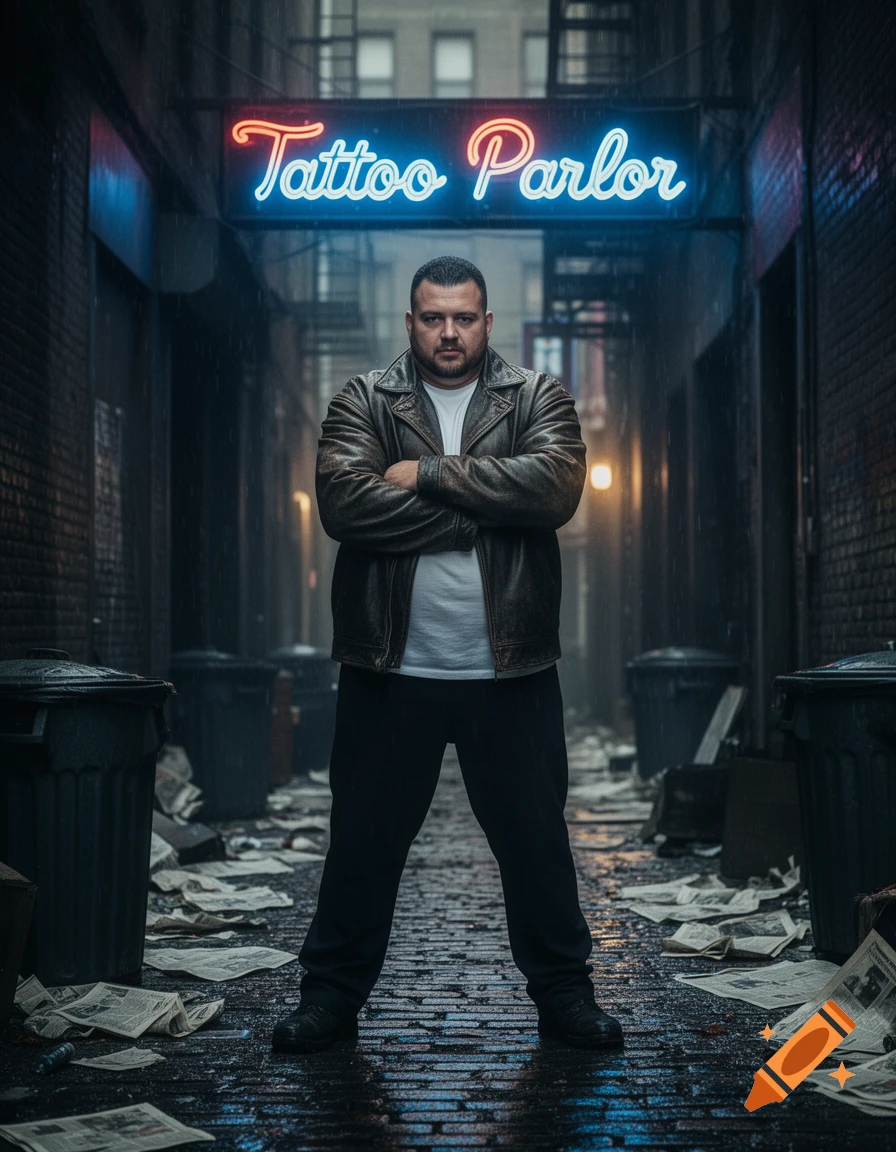 A man in a leather jacket stands with crossed arms in a dark, rainy alley under a neon 'Tattoo Parlor' sign, photorealistic.