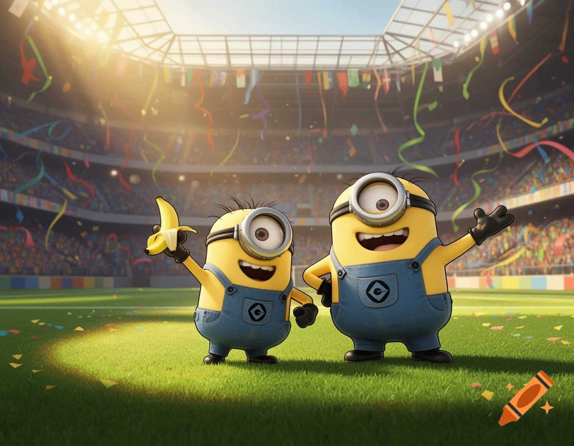 Two Minions celebrating in a sunlit soccer stadium with confetti, one holding a peeled banana.