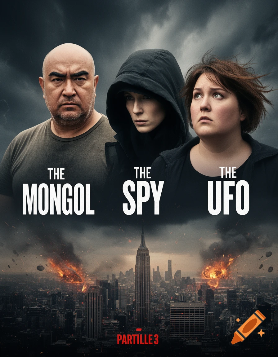 Movie poster for 'Partille 3' featuring three main characters (The Mongol, The Spy, The UFO) above a burning city skyline.