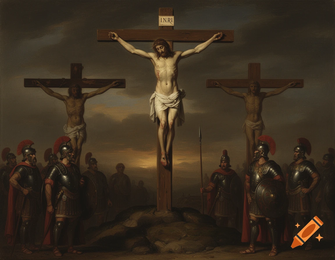A classical oil painting depicting Jesus on the cross flanked by two criminals, with Roman soldiers below, under a dark sky.