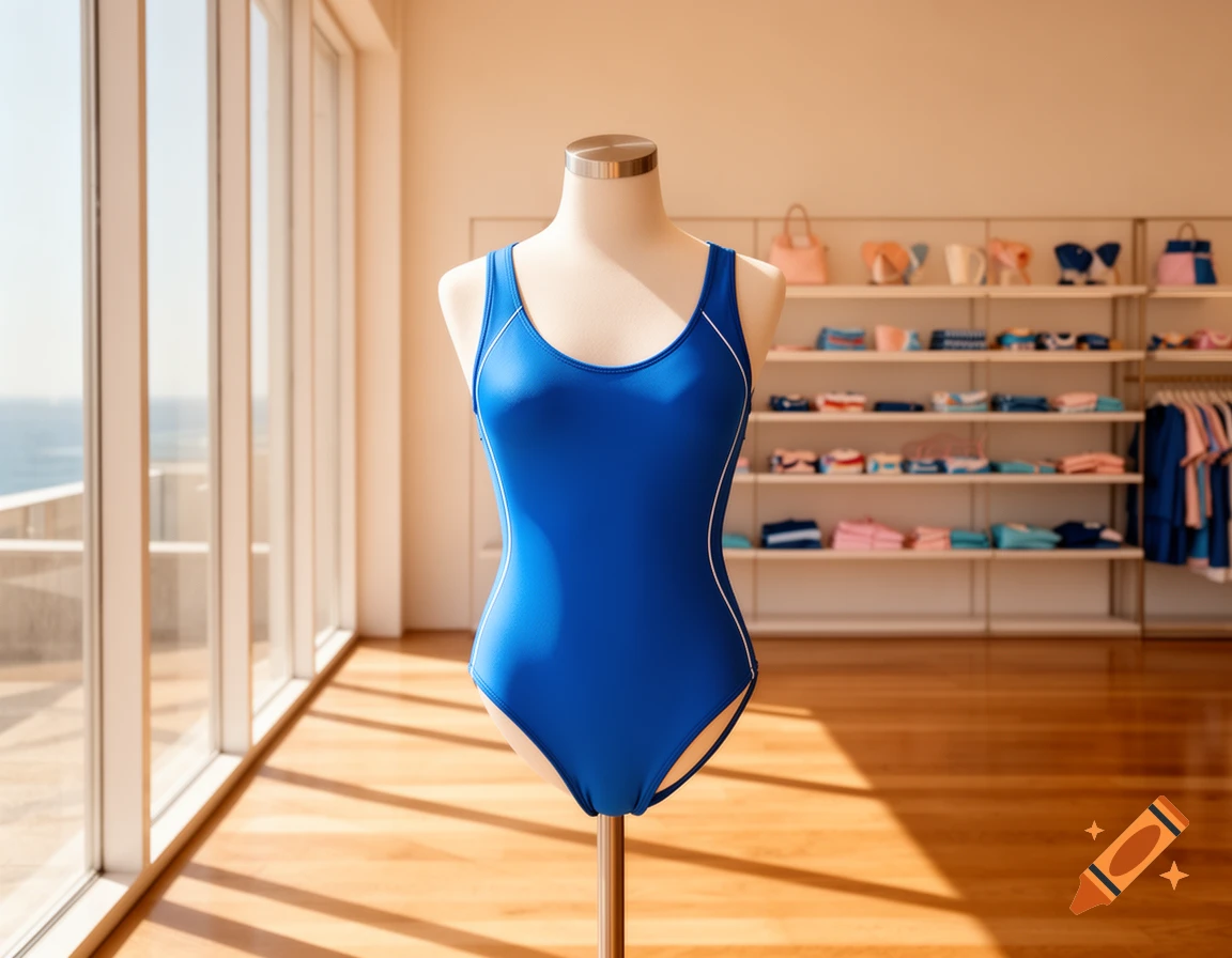 A blue one-piece swimsuit displayed on a mannequin in a bright clothing store with large windows overlooking the ocean.