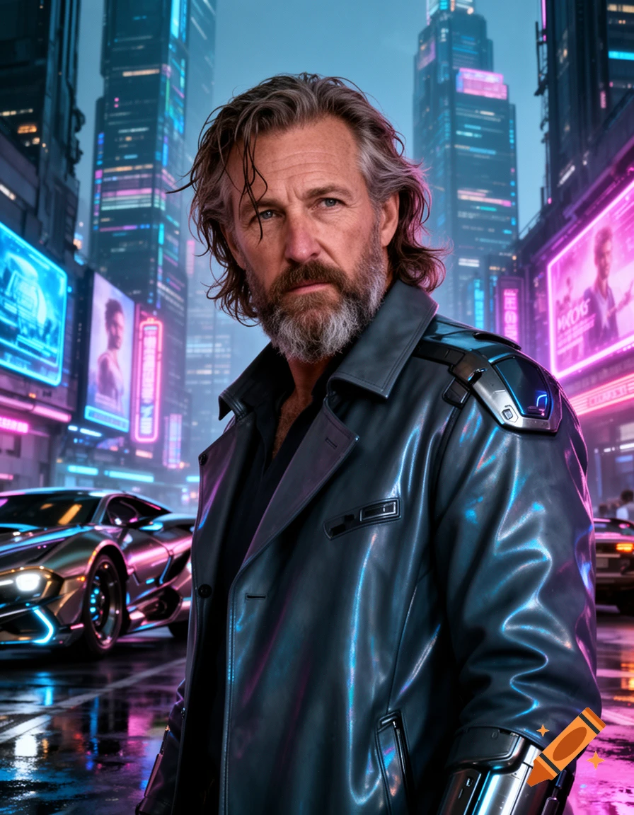 A man with a beard and a dark, futuristic coat stands in a neon-lit cyberpunk city street with a sleek car.