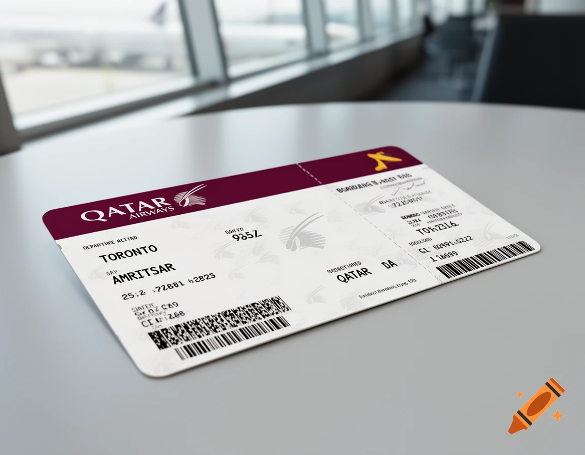 A close-up, photorealistic image of a Qatar Airways flight ticket from Toronto to Amritsar, lying on a grey table in an airport lounge with a blurred plane visible outside a window.