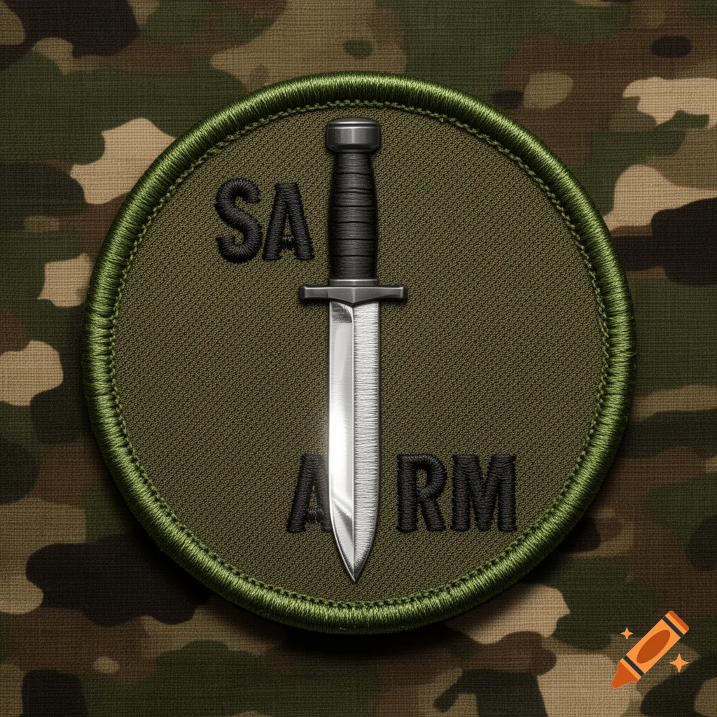 A round military patch with a black handled knife centered over the letters 'SA' and 'A RM', set against a camouflage background.