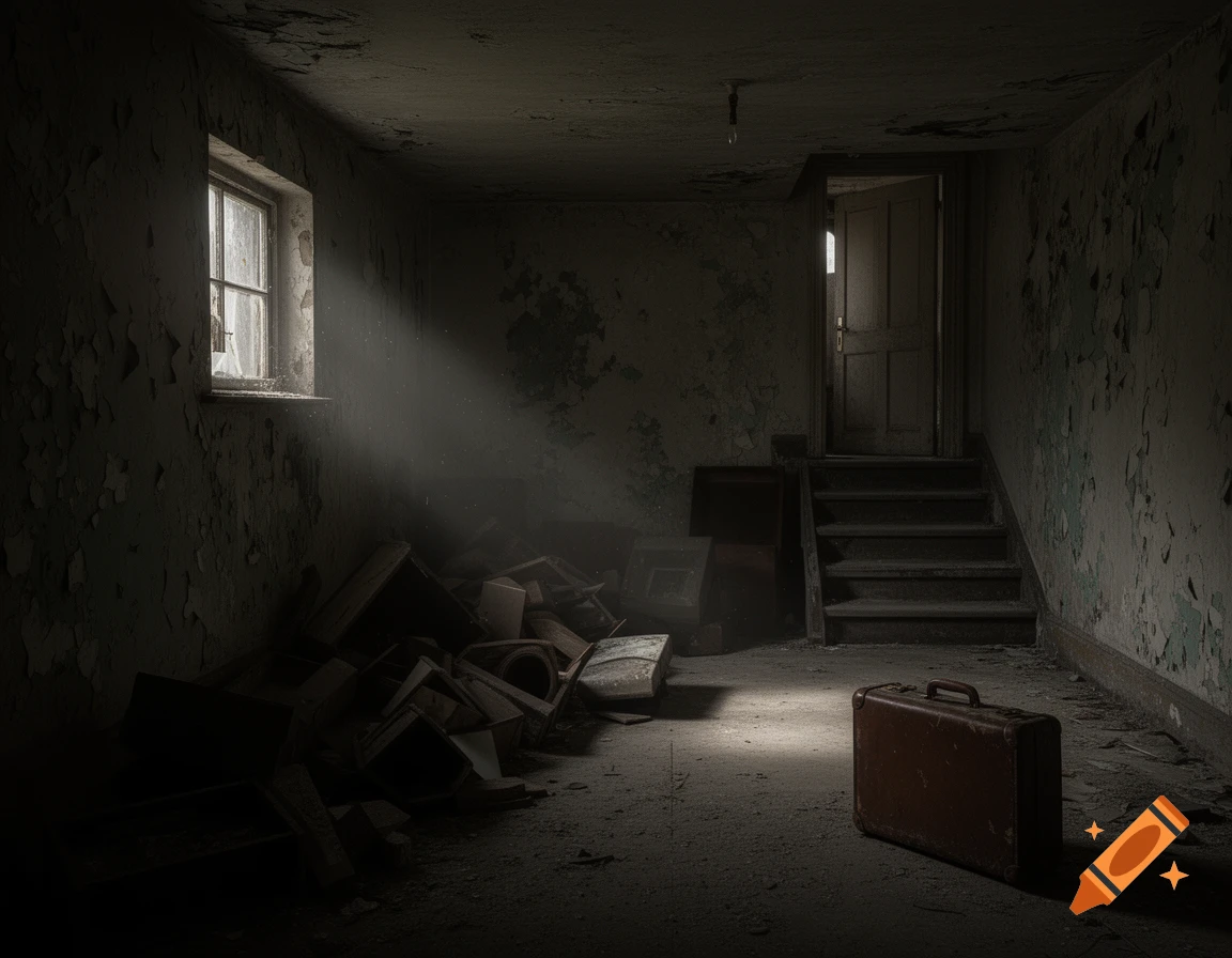 Photorealistic image of a dark, abandoned room with peeling walls, a sunlit window, stairs, debris, and a lone suitcase.