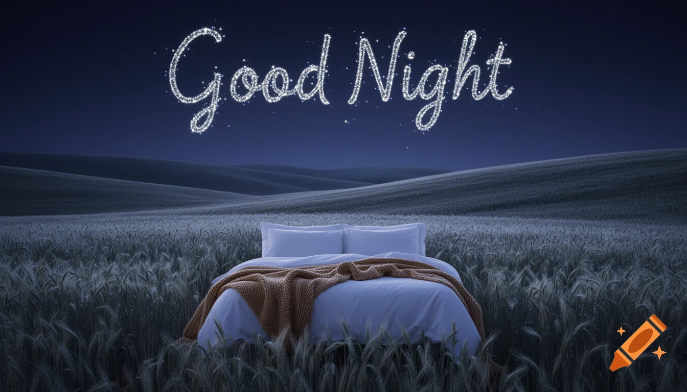 A bed in a moonlit wheat field with 'Good Night' sparkling in the dark blue night sky.