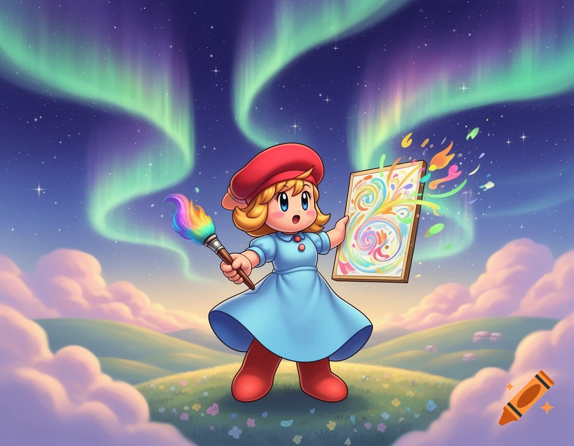 A cute cartoon character, Adeleine, holds a rainbow paintbrush and a colorful swirly canvas on a grassy hill under the aurora borealis.