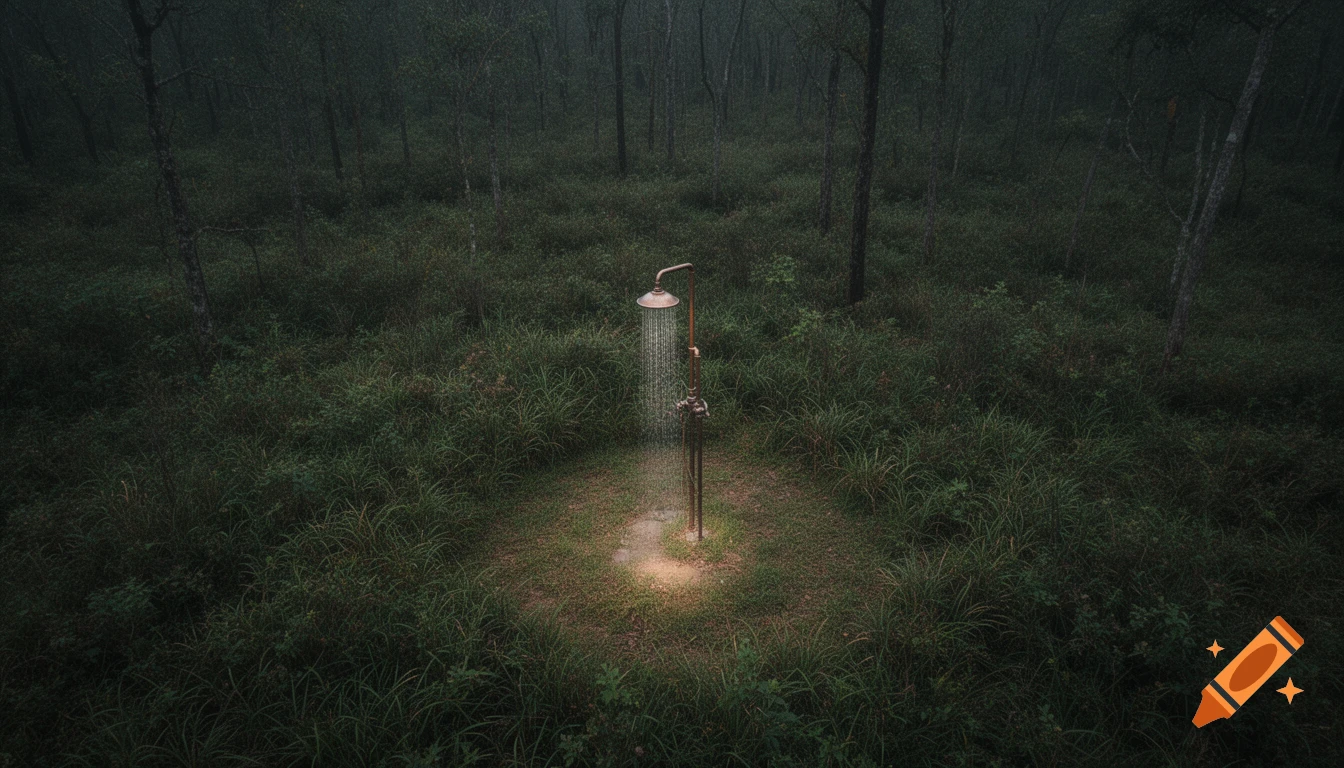 An outdoor shower in a dark, dense forest, seen from above, with water spraying into a glowing circle of grass.