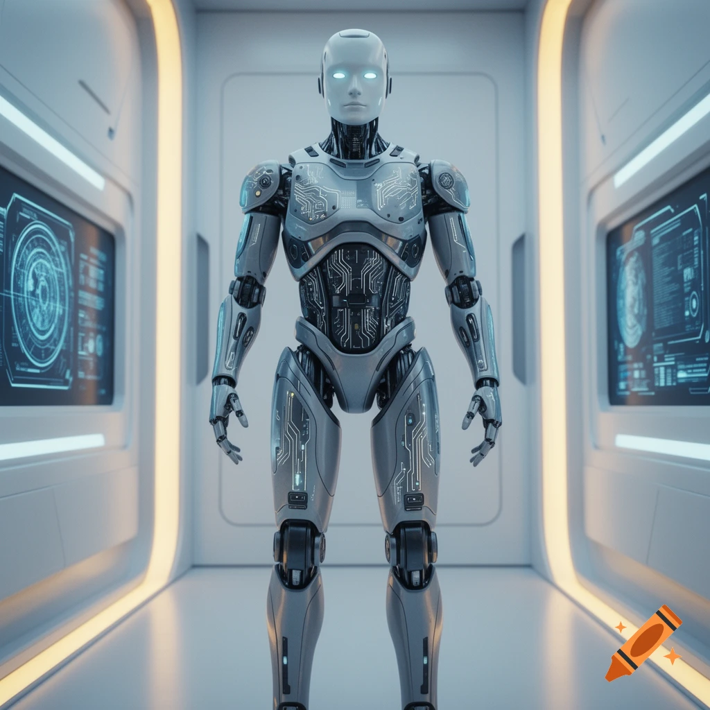 A photorealistic gray and silver bipedal robot with glowing eyes stands in a sterile, futuristic hallway with screens.