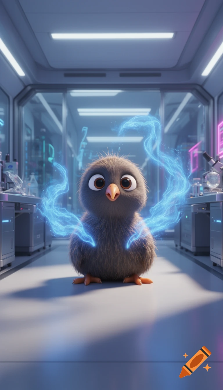A cute, fluffy 3D animated baby kiwi bird with big eyes, surrounded by glowing blue energy, stands in a bright futuristic lab.