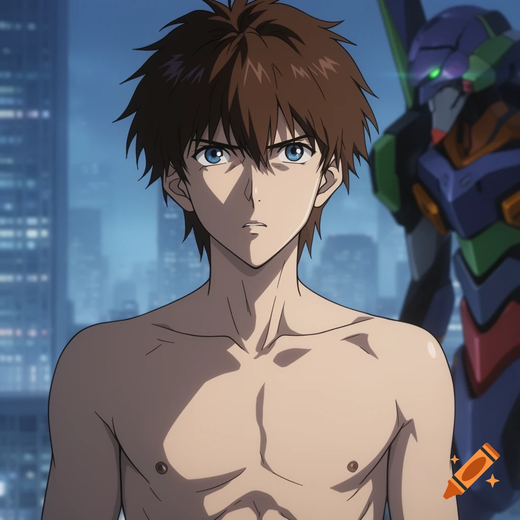 Anime illustration of a shirtless Shinji Ikari with an Evangelion unit and city skyline in the background.