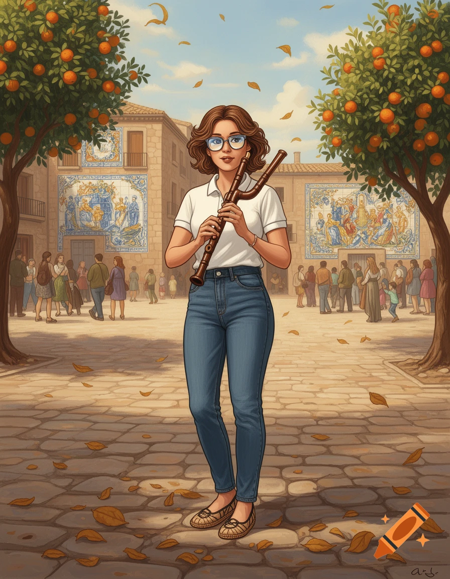 An illustrated woman with short wavy hair and glasses plays a wooden double-pipe instrument in a town square with orange trees and tiled buildings.