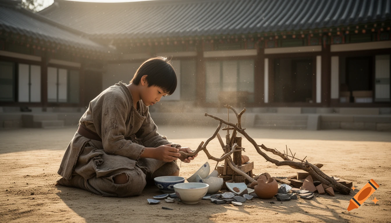 A young boy in tattered clothes kneels in a dusty, sunlit courtyard, intensely arranging broken pottery. Cinematic style.