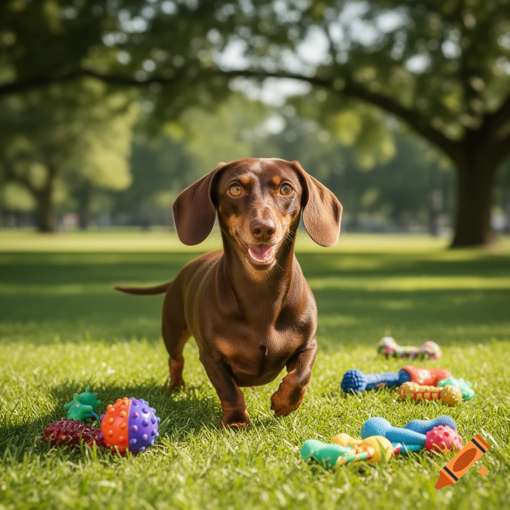 A happy brown dachshund walks forward on green grass surrounded by colorful dog toys, with trees in the background.