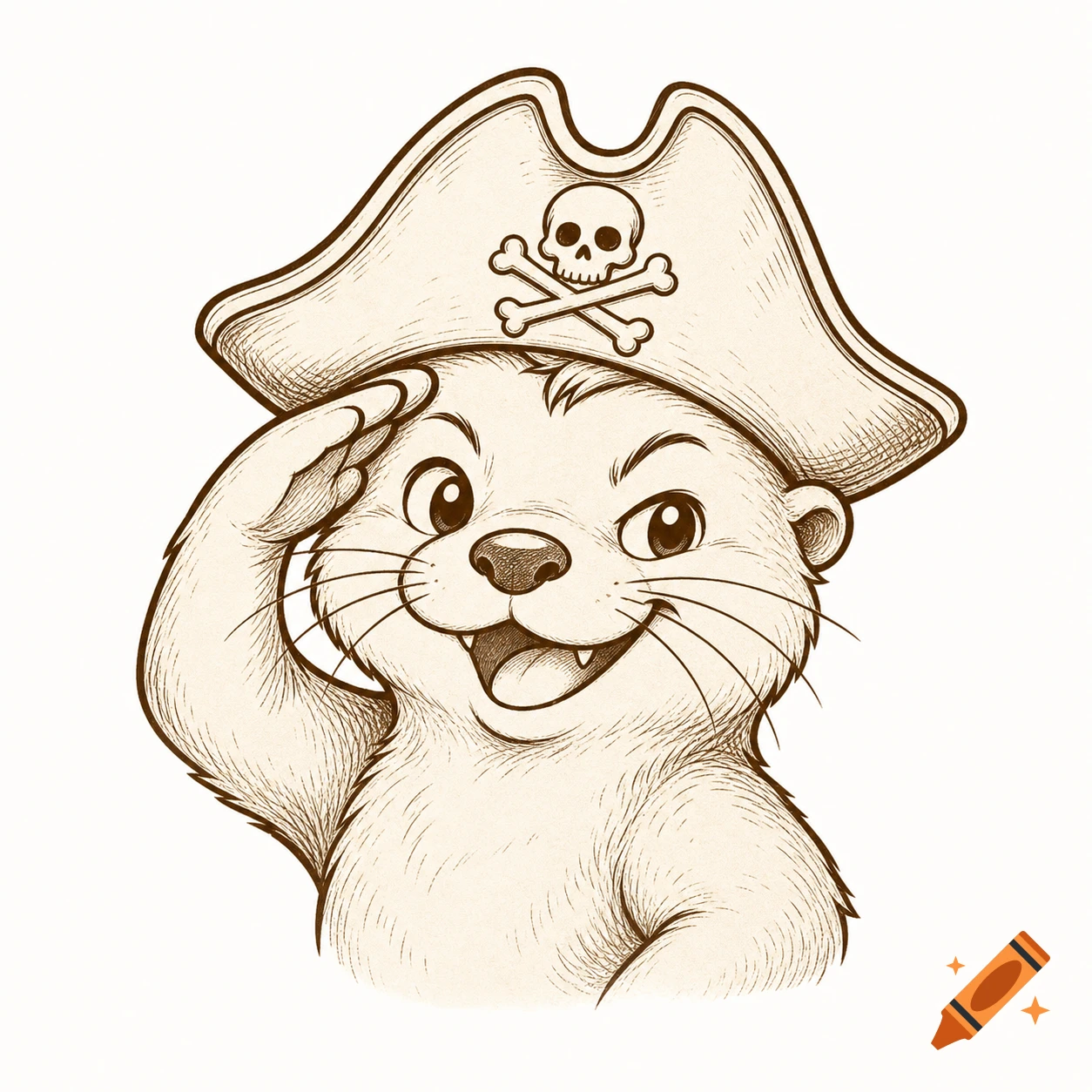 A cute sketch of an otter wearing a pirate hat with a skull and crossbones, saluting.