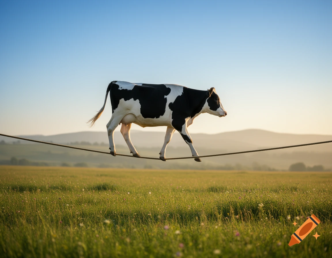 A black and white cow walks precariously on a rope above a green grassy field under a clear blue sky, with distant hills.