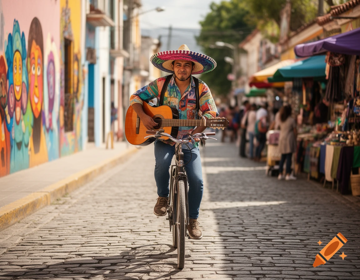 A man in a colorful shirt and sombrero rides a bicycle while playing a guitar on a cobblestone street with vibrant murals and market stalls.