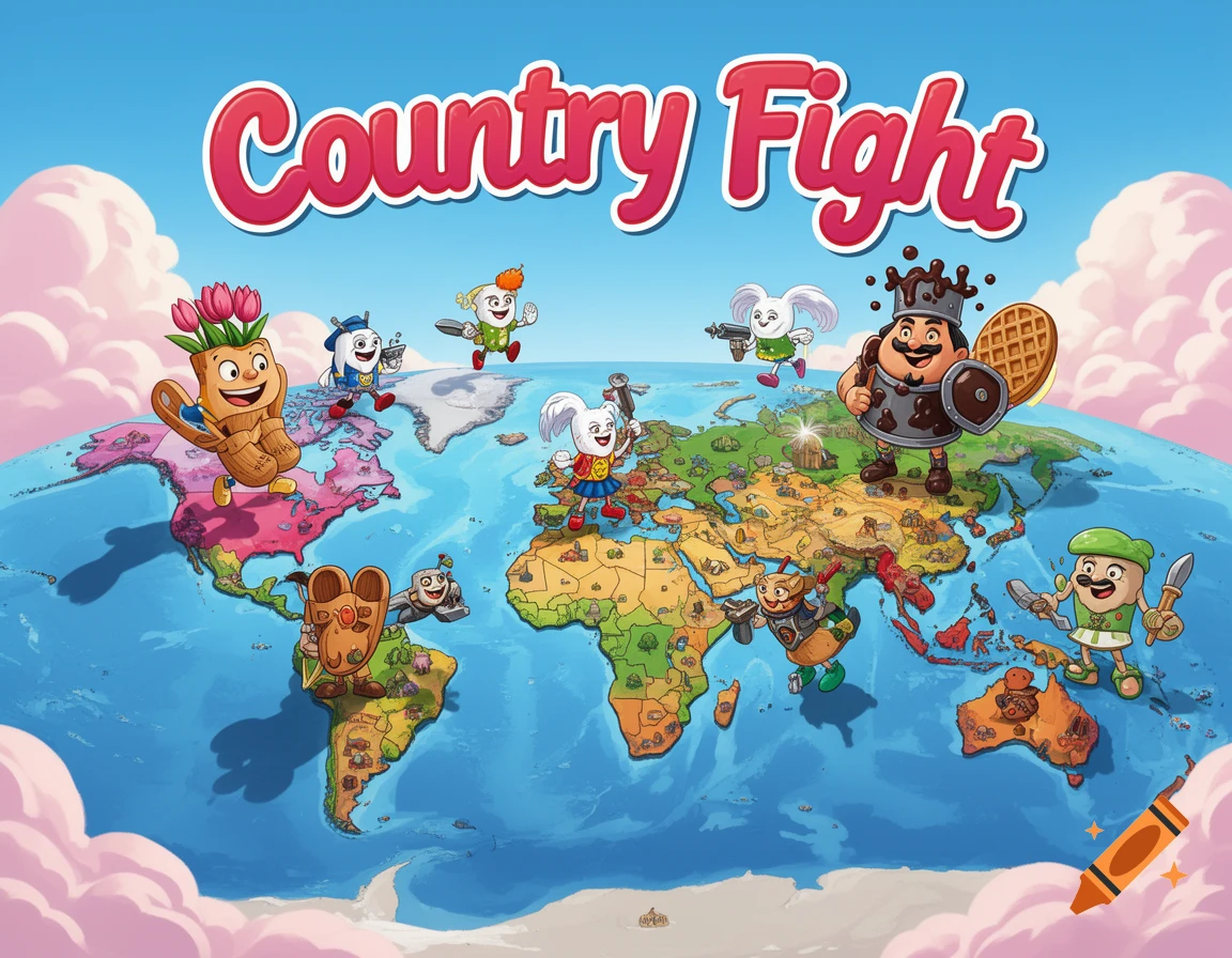 Cartoon world map with various food-themed characters fighting, and 'Country Fight' title at the top.