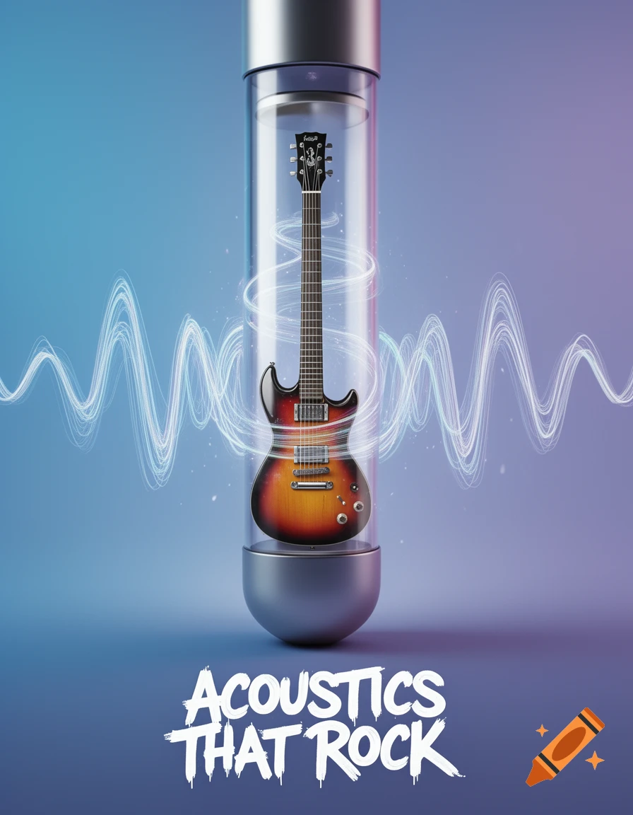 A vibrant red and yellow electric guitar sealed inside a clear glass tube, surrounded by glowing sound waves, with 'Acoustics That Rock' text.