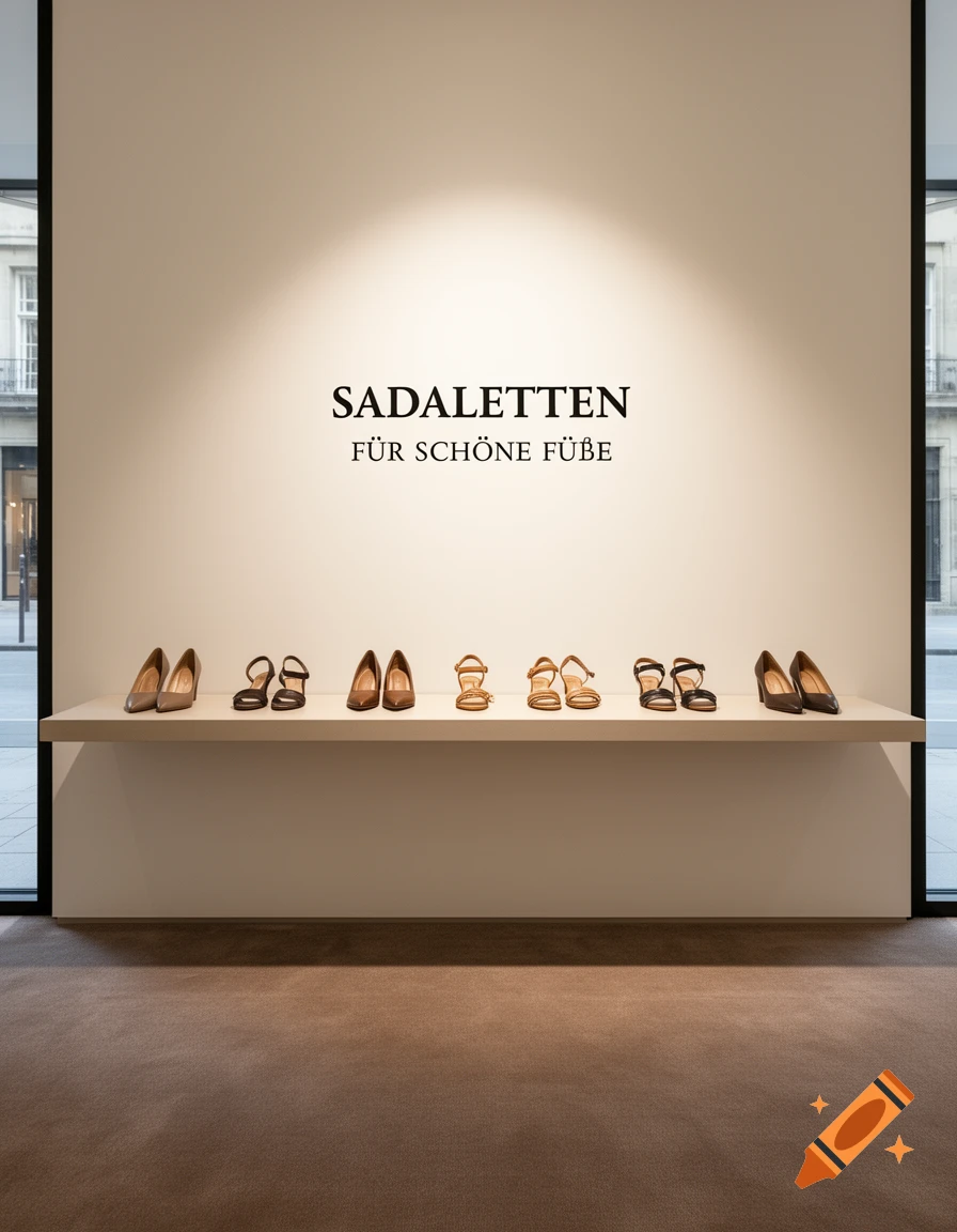 Minimalist shoe display in a retail store with sandals and heels on a shelf and 'SADALETTEN FÜR SCHÖNE FÜẞE' on the wall.
