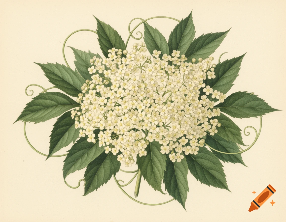 A detailed botanical illustration of a cluster of small white elderflowers with green leaves and delicate curled tendrils on a light background.