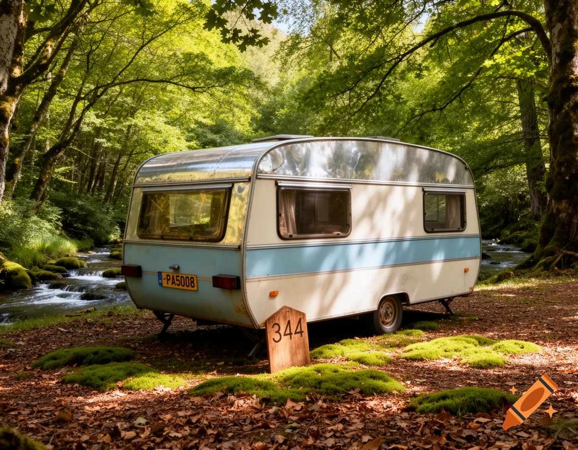 A vintage caravan parked next to a stream in a lush, sunlit forest clearing.