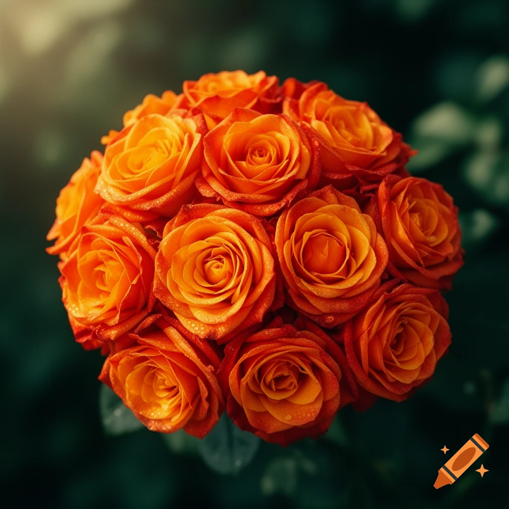 Close-up of a vibrant bouquet of orange roses with water droplets against a dark green background.