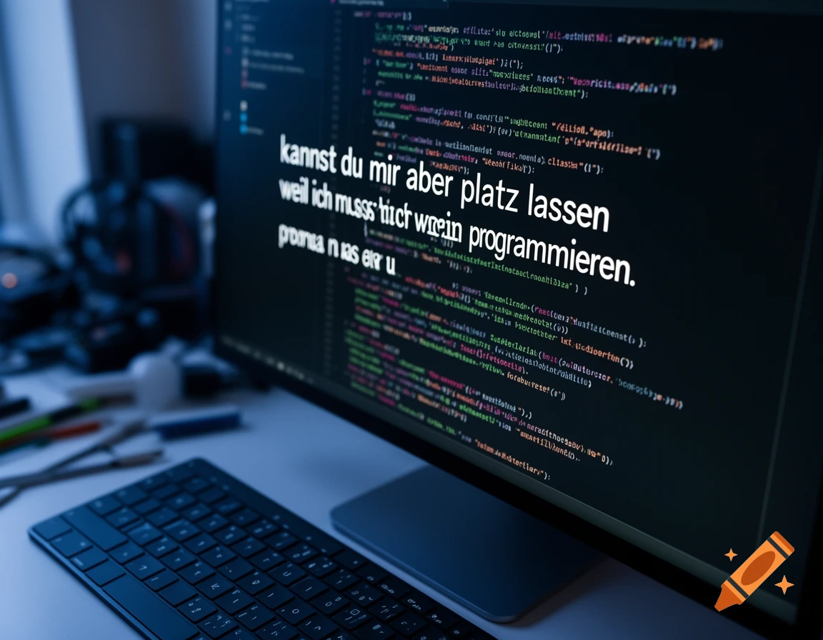 Computer screen displaying programming code and German text, with a keyboard on a desk in a dim room.