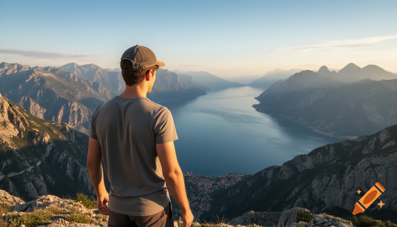 A man in a cap stands on a mountain summit, overlooking Lake Garda and a dramatic alpine landscape under golden sunlight.
